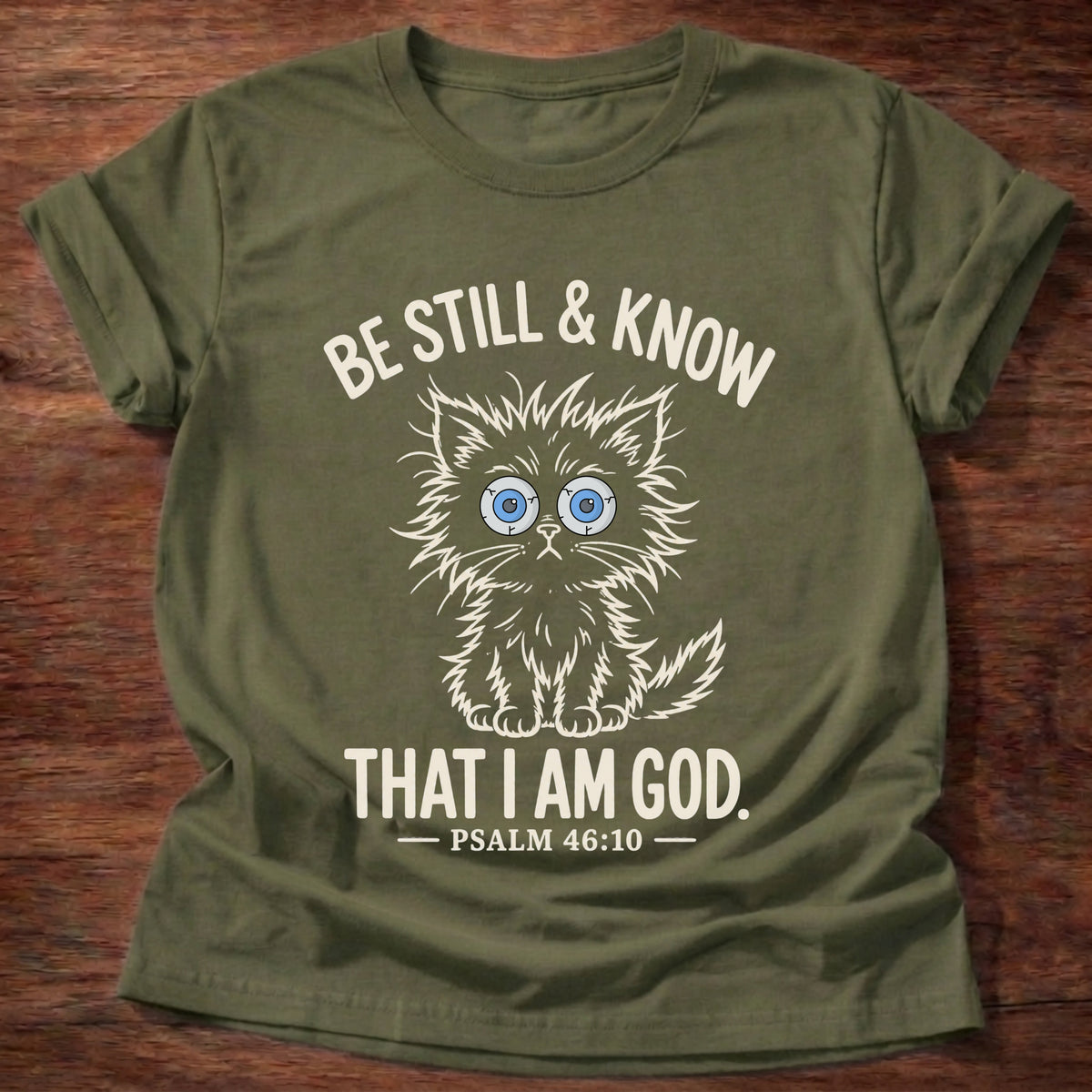 Military Green t-shirt printed with a wide-eyed kitten sitting still graphic and 'Be still & know. That I am God.' Psalm 46:10 faith based gift
