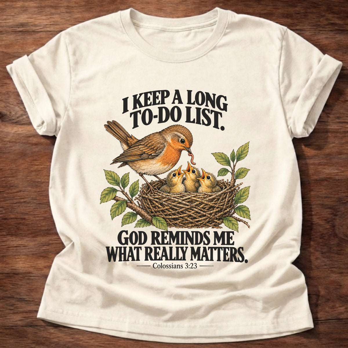 Natural t-shirt printed with a mother robin feeding a nest of hungry baby birds graphic and “I keep a long to-do list. God reminds me what really matters.” Colossians 3:23 faith based gift