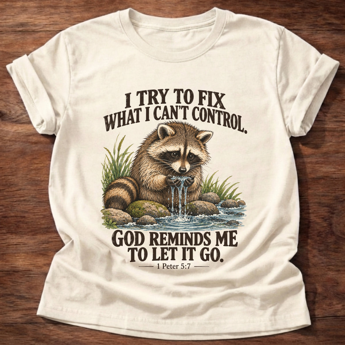 Natural t-shirt printed with a raccoon crouched at a rocky stream with water slipping through its paws graphic and “I try to fix what I can't control. God reminds me to let it go.” 1 Peter 5:7 faith based gift