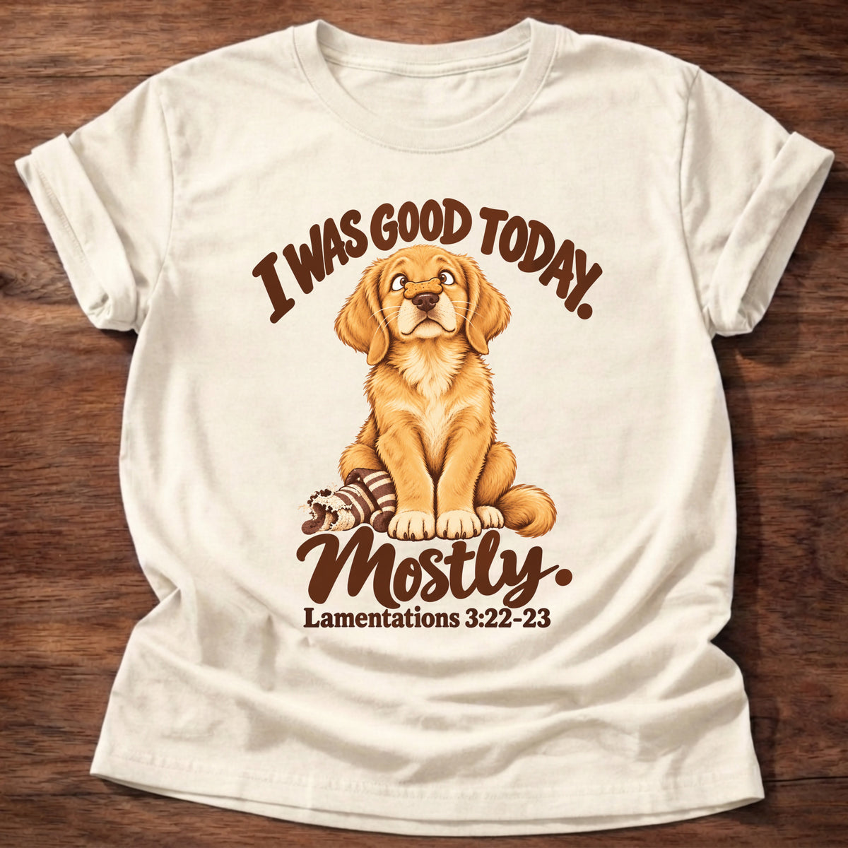 Natural t-shirt printed with a golden retriever puppy sitting beside a chewed-up toy and “I was good today. Mostly.” Lamentations 3:22-23 Christian shirt