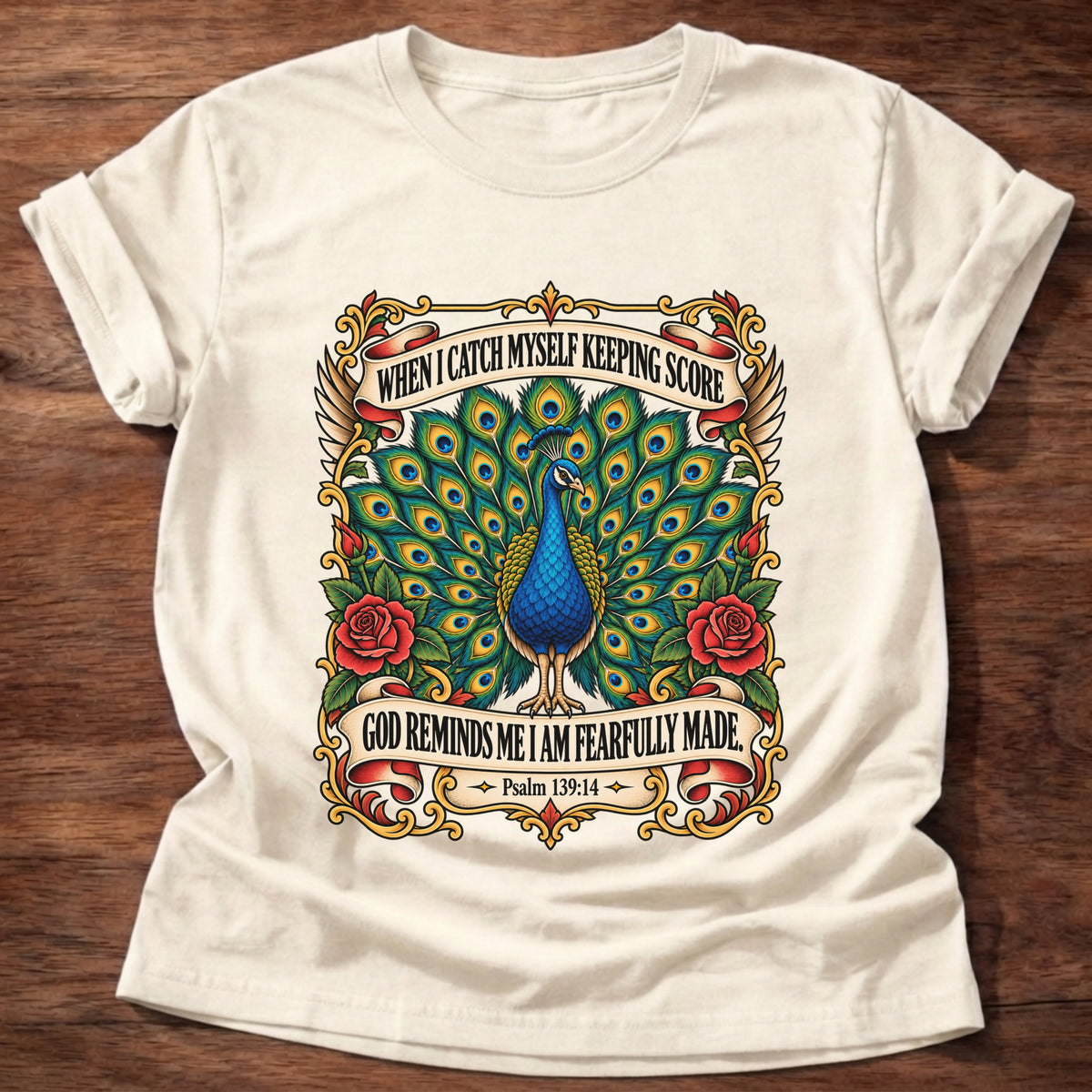 Natural t-shirt printed with a peacock with its tail fanned in a vintage tattoo-flash frame with red roses and banners graphic and “When I catch myself keeping score, God reminds me I am fearfully made.” Psalm 139:14 faith based gift
