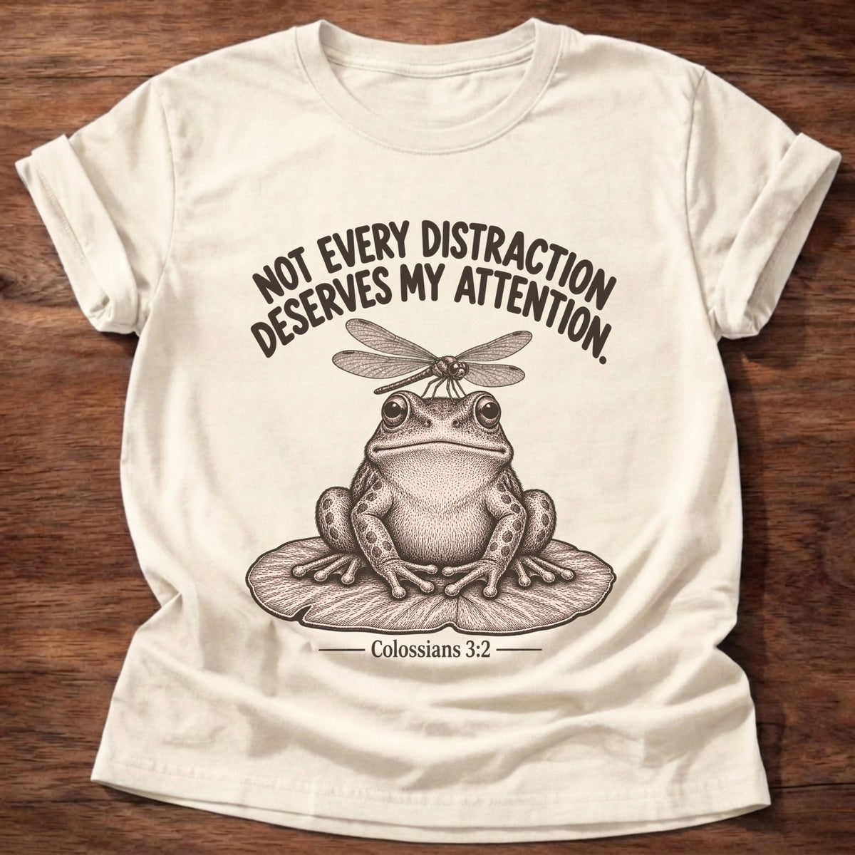 Natural t-shirt printed with a frog sitting on a lily pad with a dragonfly perched on its head graphic and “Not every distraction deserves my attention.” Colossians 3:2 faith based gift