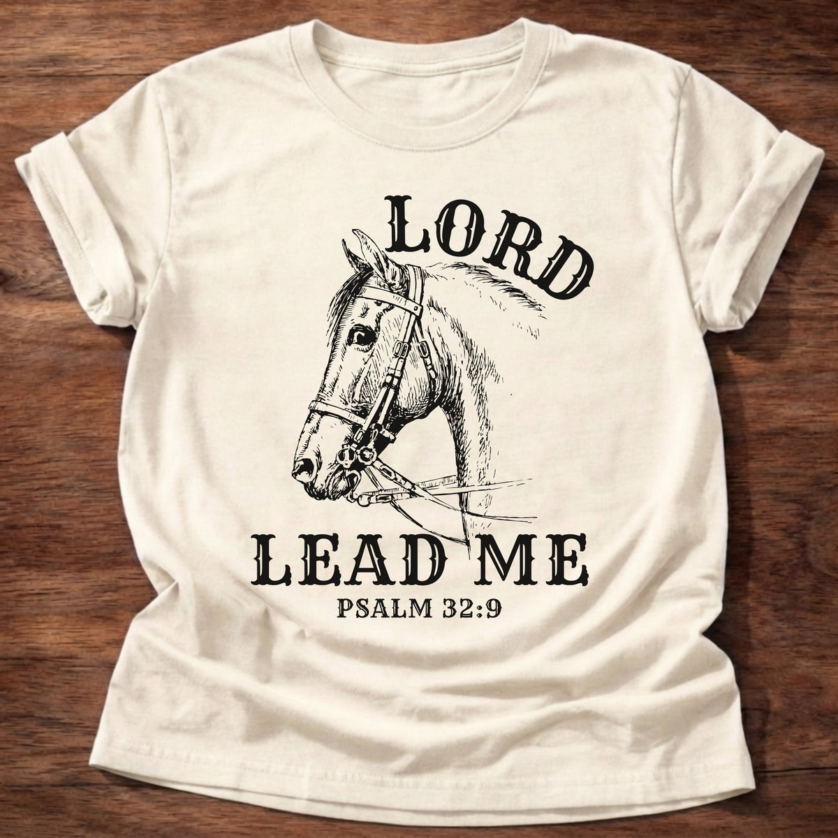 Natural t-shirt printed with a hand-sketched horse wearing a bridle and “Lord, Lead Me” Psalm 32:9 Christian shirt