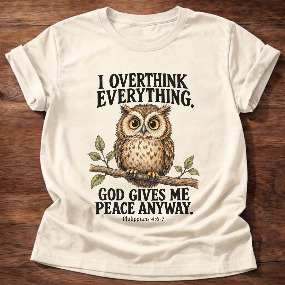 Natural t-shirt printed with a wide-eyed owl perched on a leafy branch graphic and “I overthink everything. God gives me peace anyway.” Philippians 4:6-7 faith based gift