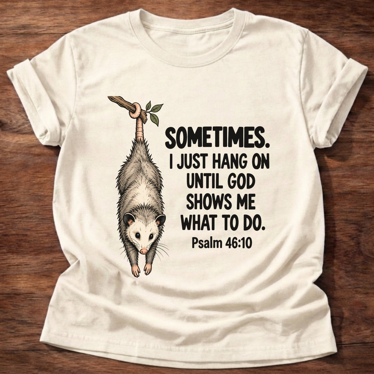Natural t-shirt printed with a possum hanging by its tail graphic and 'Sometimes. I just hang on until God shows me what to do.' Psalm 46:10 faith based gift