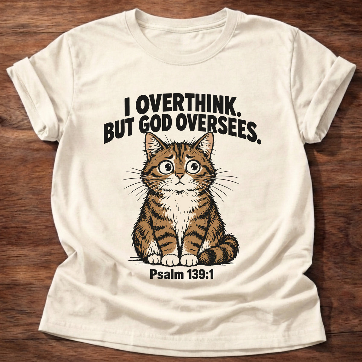 Natural t-shirt printed with a cat graphic and 'I overthink. But God oversees.' Psalm 139:1 faith based gift