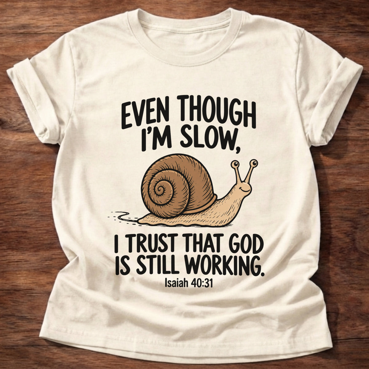 Natural t-shirt printed with a snail graphic and 'Even though I'm slow. I trust that God is still working.' Isaiah 40:31 faith based gift