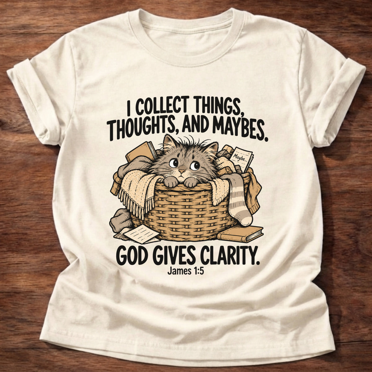 Natural t-shirt printed with a squirrel and a pile of collected items graphic and 'I collect worries instead of trust. But God provides.' Matthew 6:25-26 faith based gift