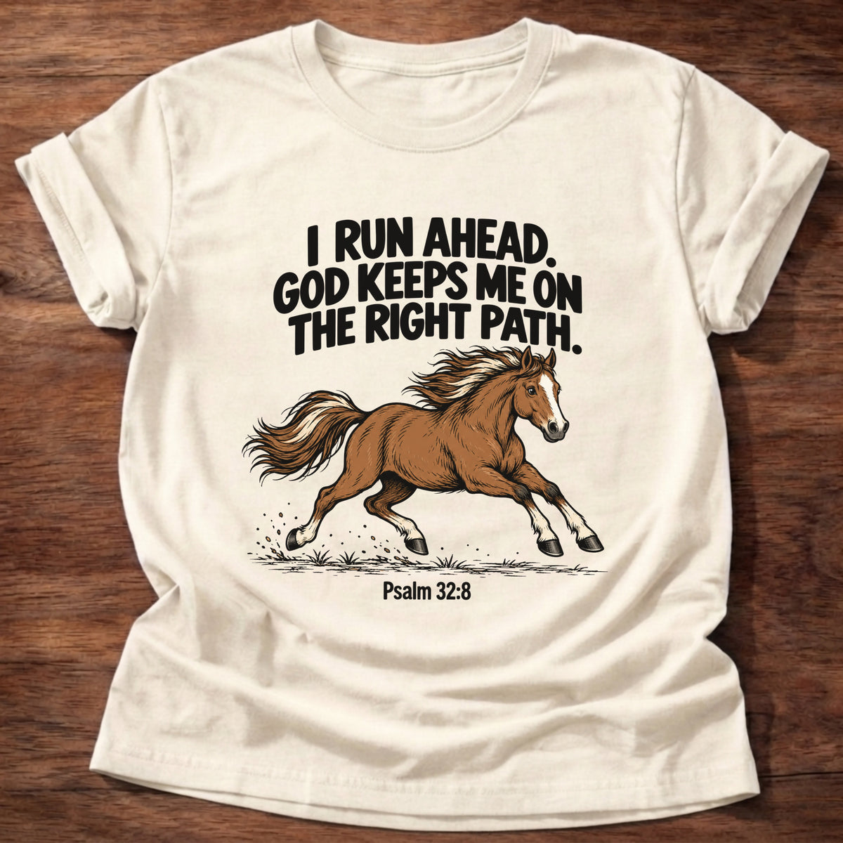 Natural t-shirt printed with a running horse graphic and 'I run ahead. God keeps me on the right path.' Psalm 32:8 faith based gift