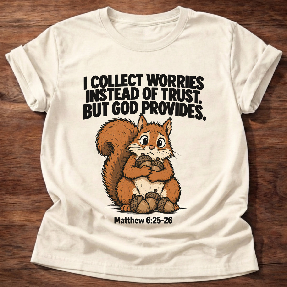 Natural t-shirt printed with a raccoon digging through a bin graphic and 'I dig through things I should just leave to God.' Psalm 121:1-2 faith based gift