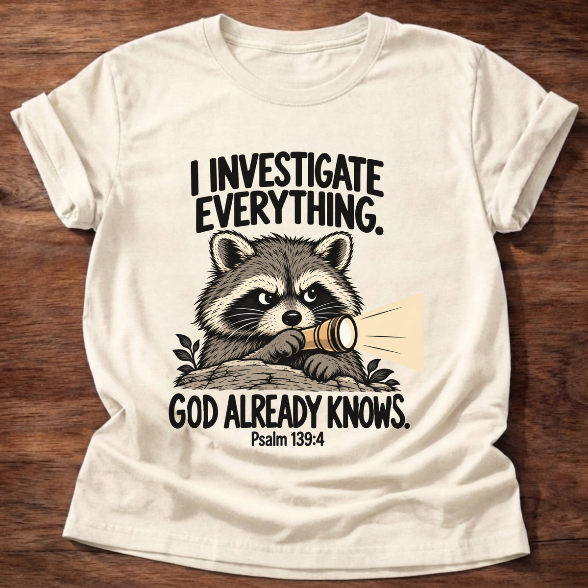 Natural t-shirt printed with a raccoon holding a magnifying glass graphic and 'I investigate everything. God already knows.' Psalm 139:4 faith based gift