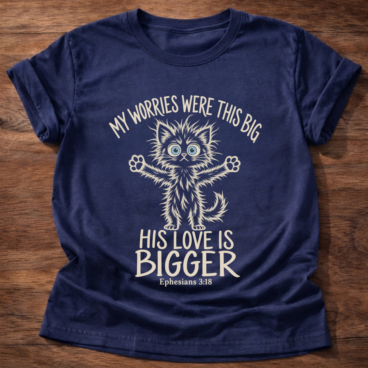 Navy t-shirt printed with a wide-eyed fluffy kitten stretching its arms wide graphic and “My worries were this big. His love is bigger.” Ephesians 3:18 Christian shirt