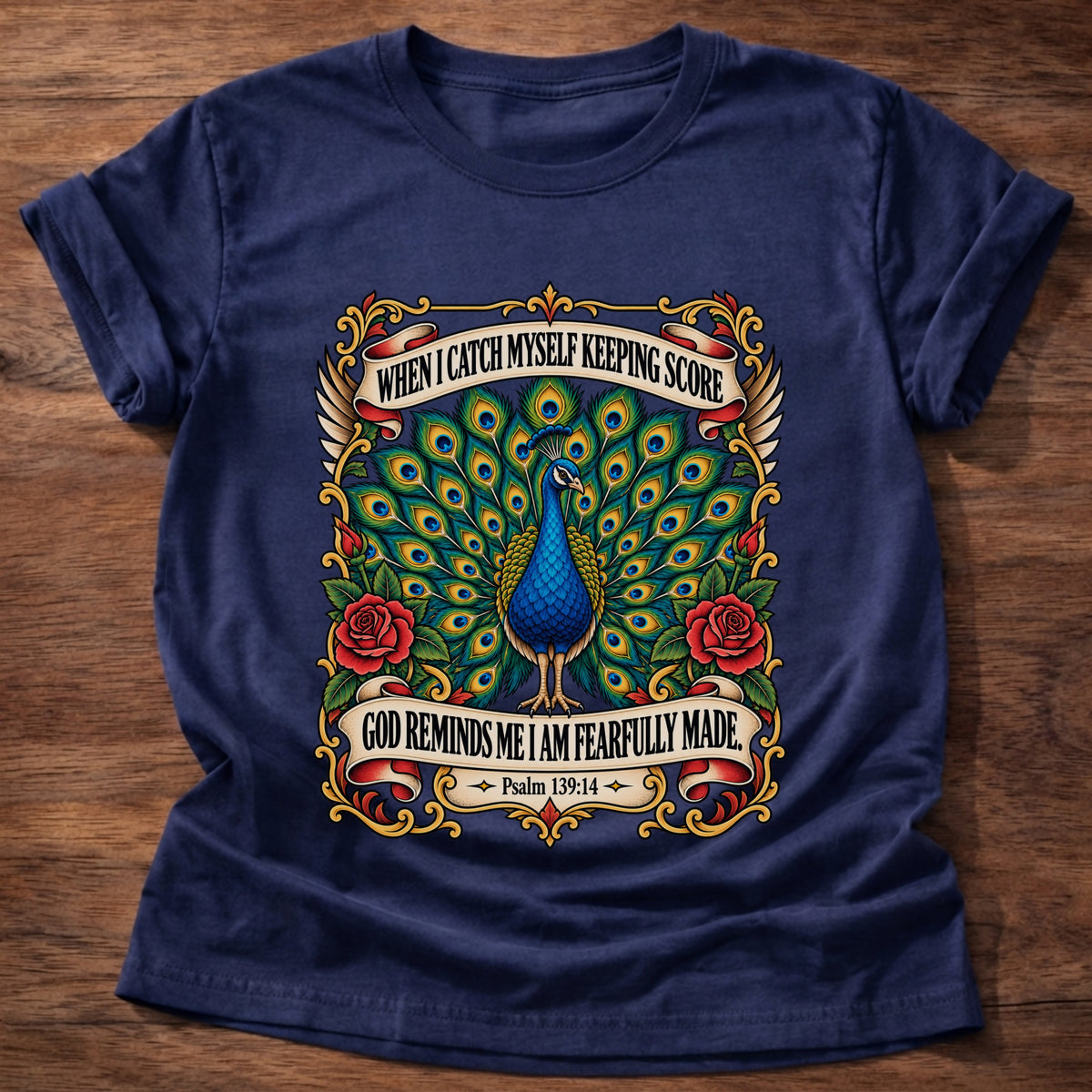 Navy t-shirt printed with a peacock with its tail fanned in a vintage tattoo-flash frame with red roses and banners graphic and “When I catch myself keeping score, God reminds me I am fearfully made.” Psalm 139:14 faith based gift