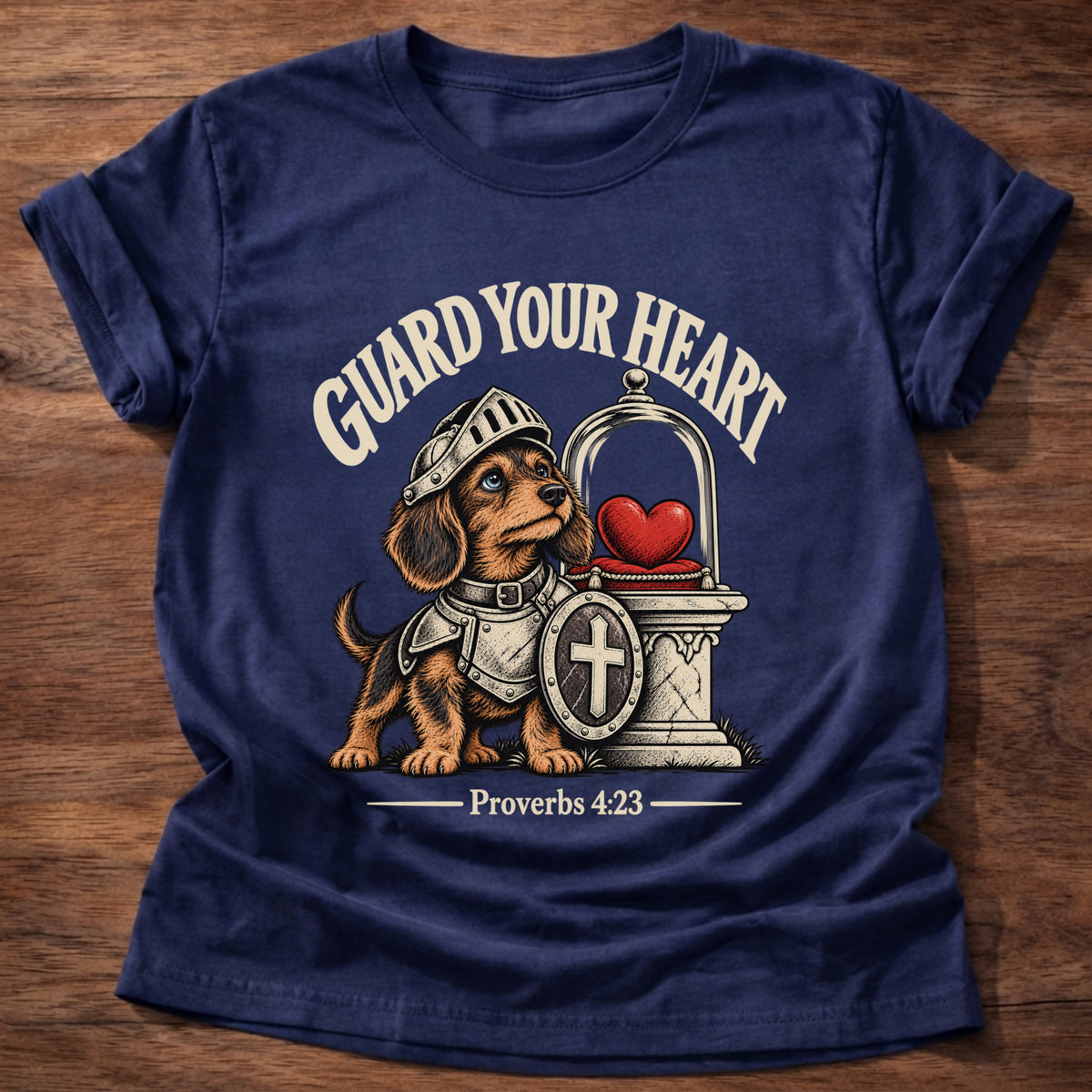 Navy t-shirt printed with a brave knight dachshund in armor guarding a glowing heart graphic and “Guard your heart.” Proverbs 4:23 Christian shirt