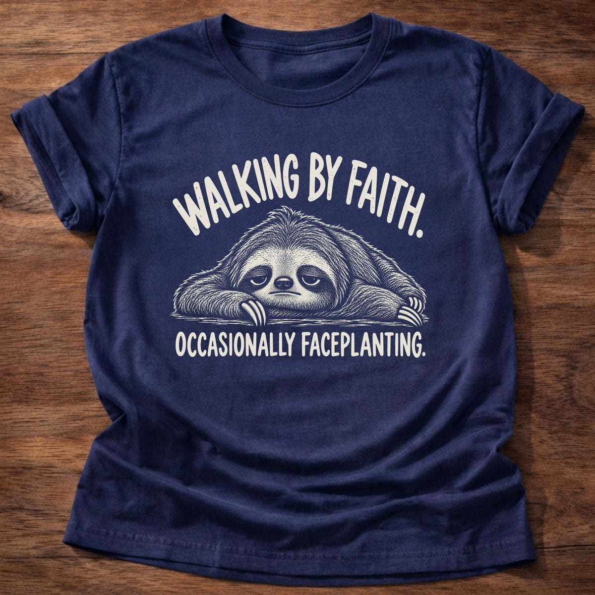 Navy t-shirt printed with a sloth faceplanted on the ground graphic and “Walking by faith. Occasionally faceplanting.” 2 Corinthians 5:7 Christian shirt
