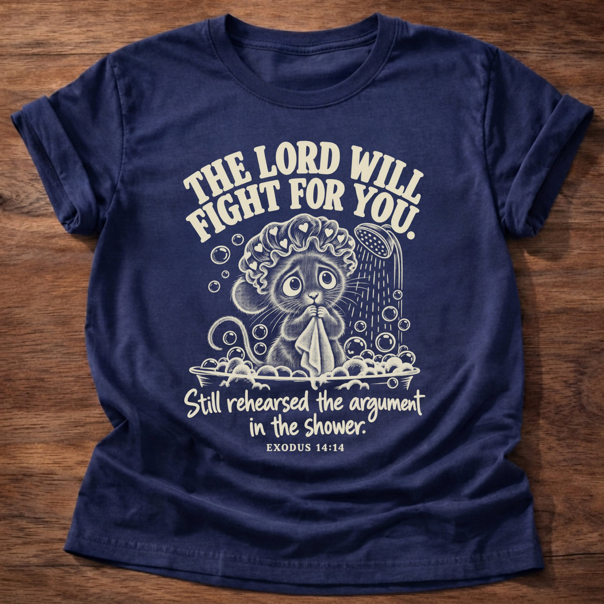 Shower Rehearsal T-Shirt in Navy featuring a worried mouse in a shower cap in a bubble bath and Exodus 14:14 overthinking humor design