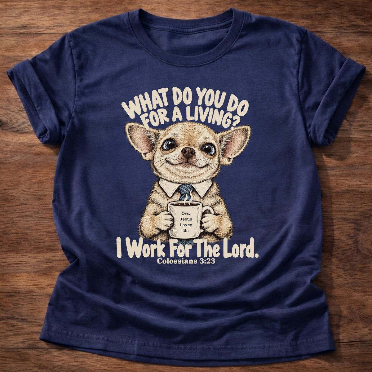 Navy t-shirt printed with a chihuahua in a collared shirt holding a coffee graphic and “What do you do for a living? I work for the Lord.” Colossians 3:23 Christian shirt