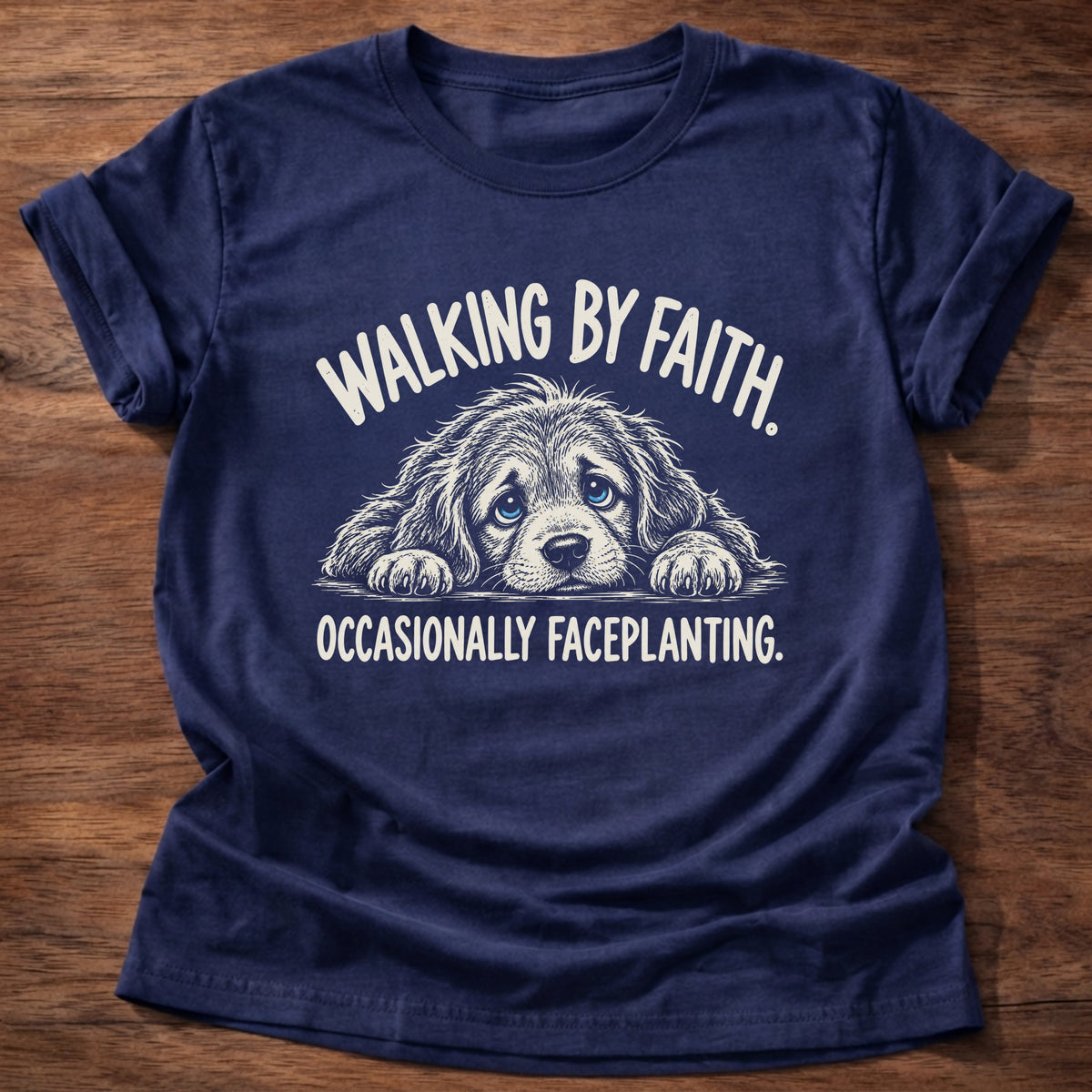 Navy t-shirt printed with a floppy-eared puppy faceplanted on the ground graphic and “Walking by faith. Occasionally faceplanting.” 2 Corinthians 5:7 Christian shirt