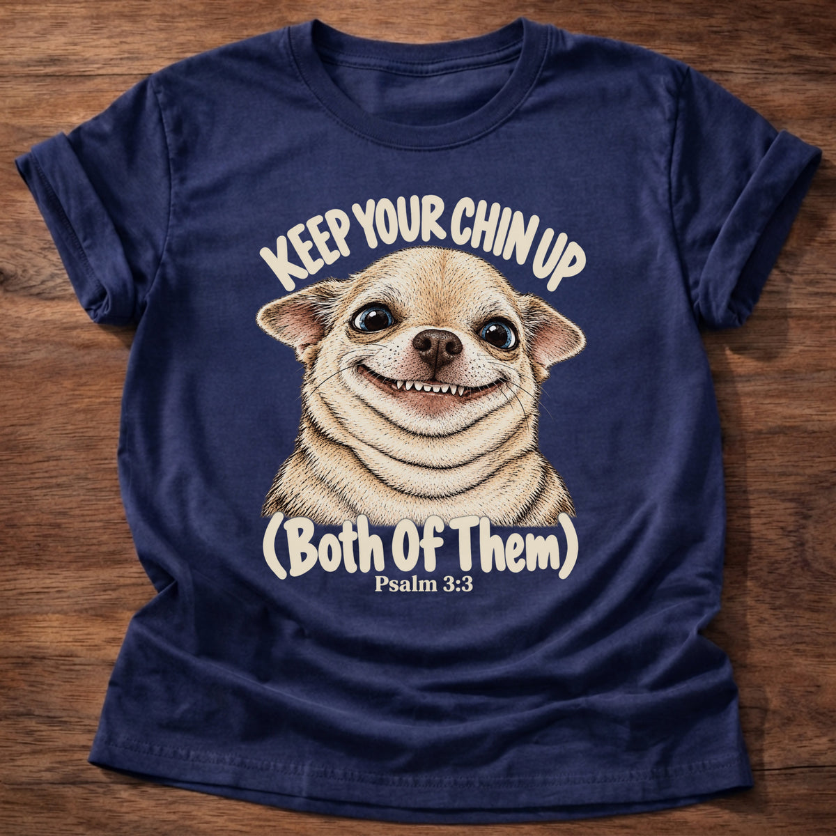Navy t-shirt printed with a grinning fluffy chihuahua graphic and “Keep your chin up. (Both of them.)” Psalm 3:3 Christian shirt