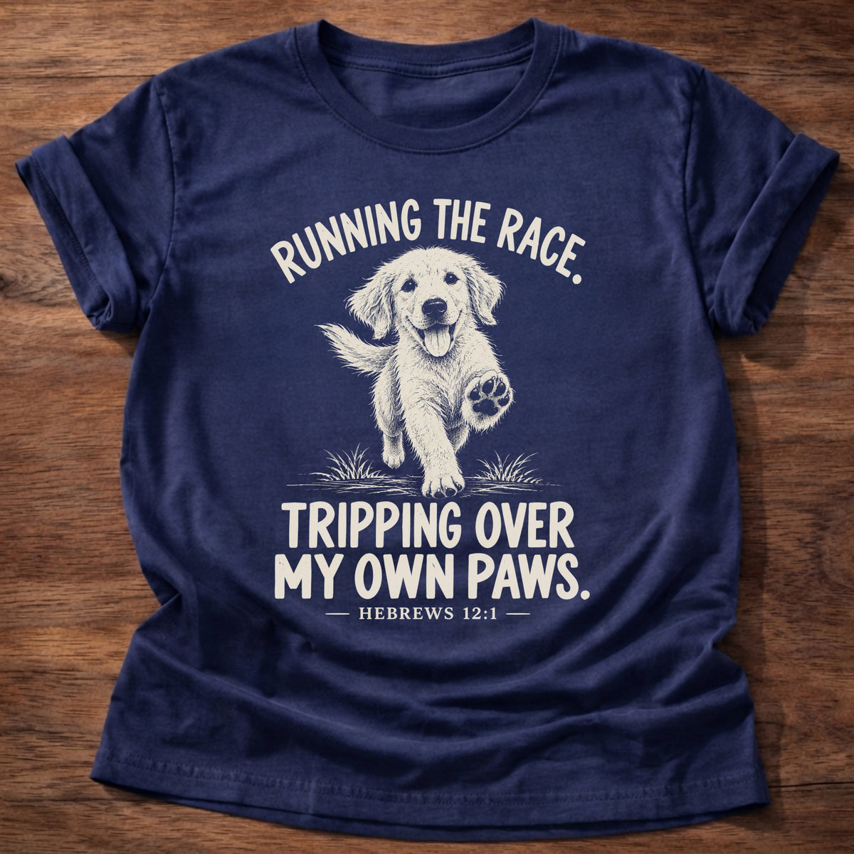 Running The Race T-Shirt in Navy featuring a golden retriever running and stumbling and Hebrews 12:1 perseverance humor design
