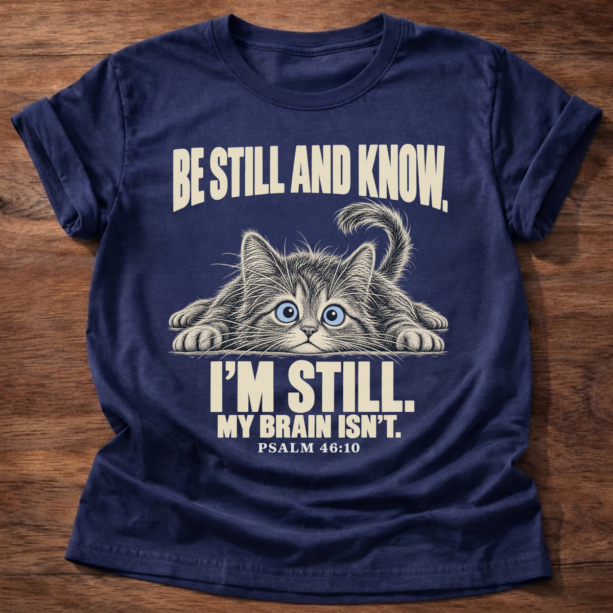 Brain Not Still T-Shirt in Navy featuring a wide-eyed cat lying flat with alert eyes and Psalm 46:10 overthinking humor design