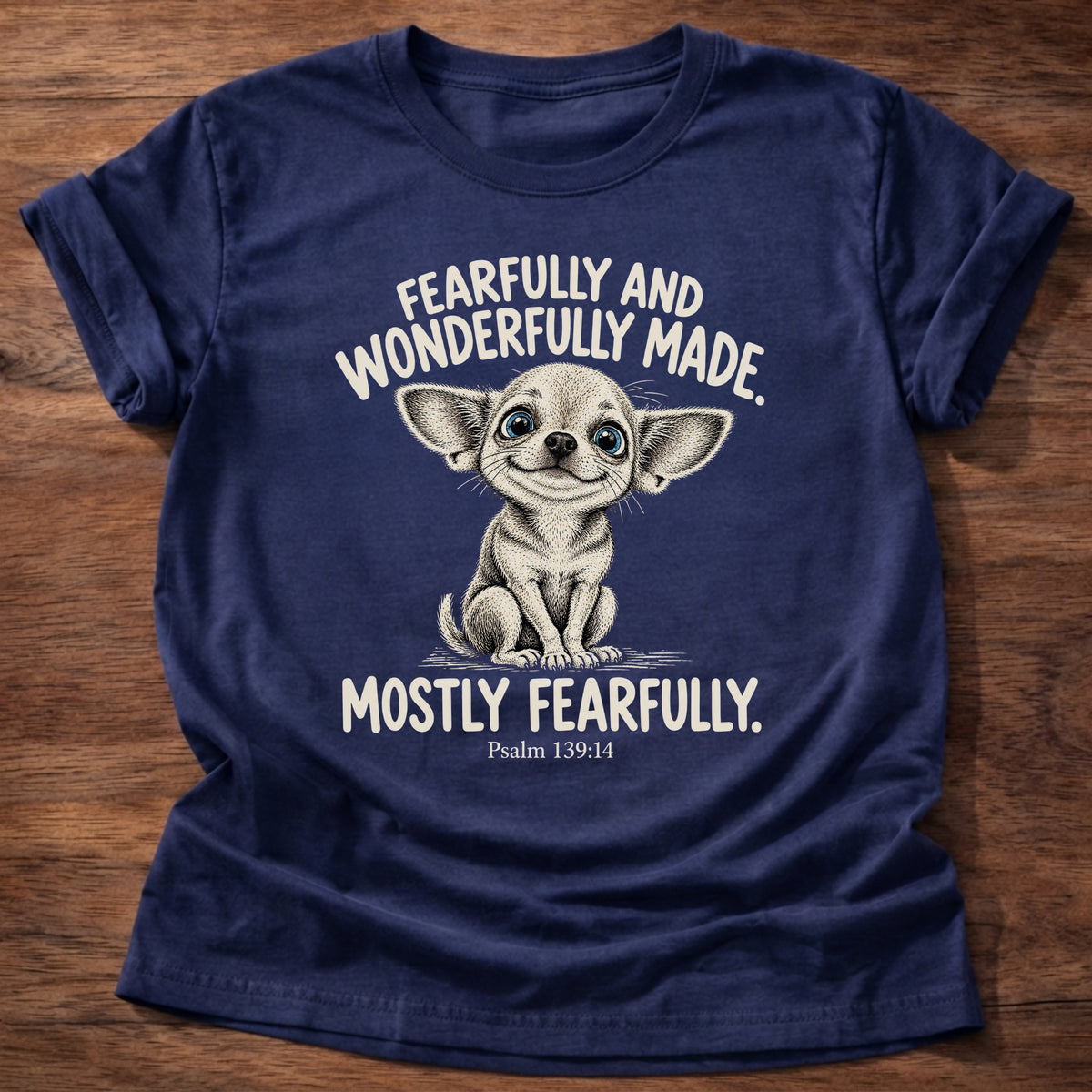 Navy t-shirt printed with a wide-eyed nervous chihuahua graphic and “Fearfully and wonderfully made. Mostly fearfully.” Psalm 139:14 Christian shirt