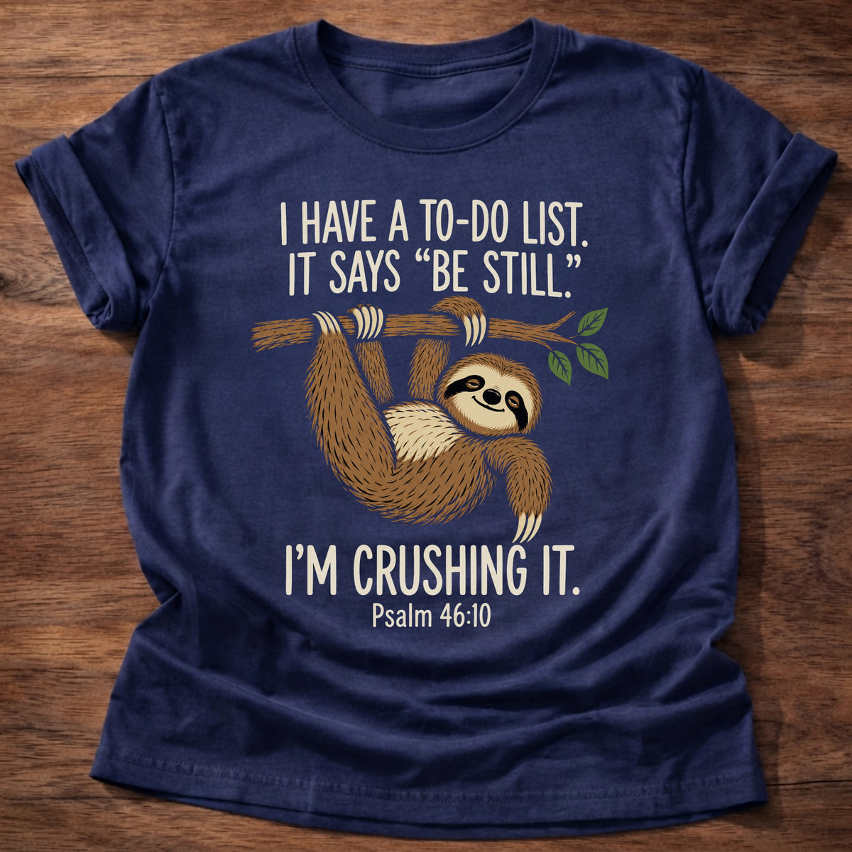 Navy t-shirt printed with a happy sloth hanging from a branch graphic and “I have a to-do list. It says 'Be still.' I'm crushing it.” Psalm 46:10 Christian shirt