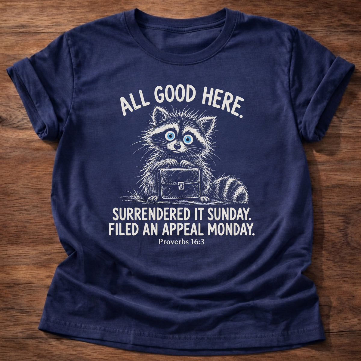 Navy t-shirt printed with a raccoon carrying a briefcase graphic and “All good here. Surrendered it Sunday. Filed an appeal Monday.” Proverbs 16:3 Christian shirt