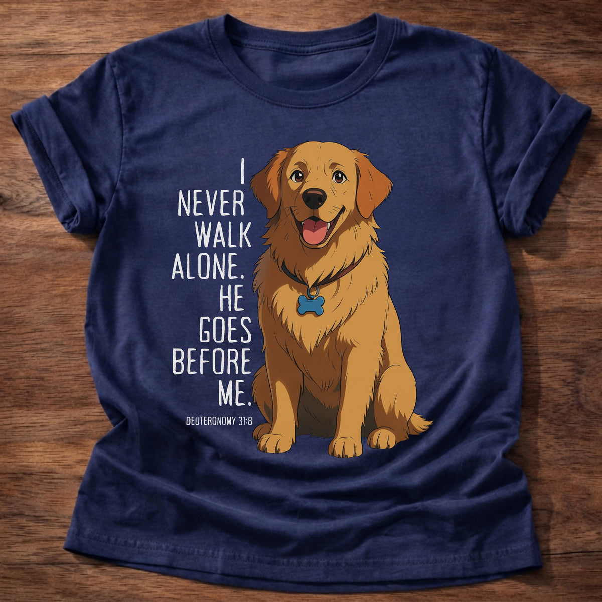 Navy t-shirt printed with a loyal golden retriever graphic and “I never walk alone. He goes before me.” Deuteronomy 31:8 Christian shirt