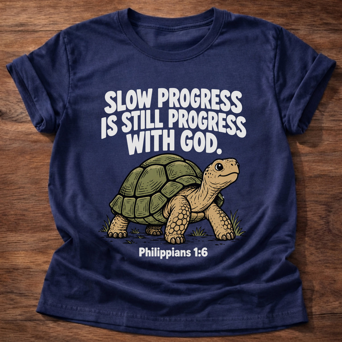 Navy t-shirt printed with a turtle graphic and 'Slow progress is still progress with God.' Philippians 1:6 faith based gift