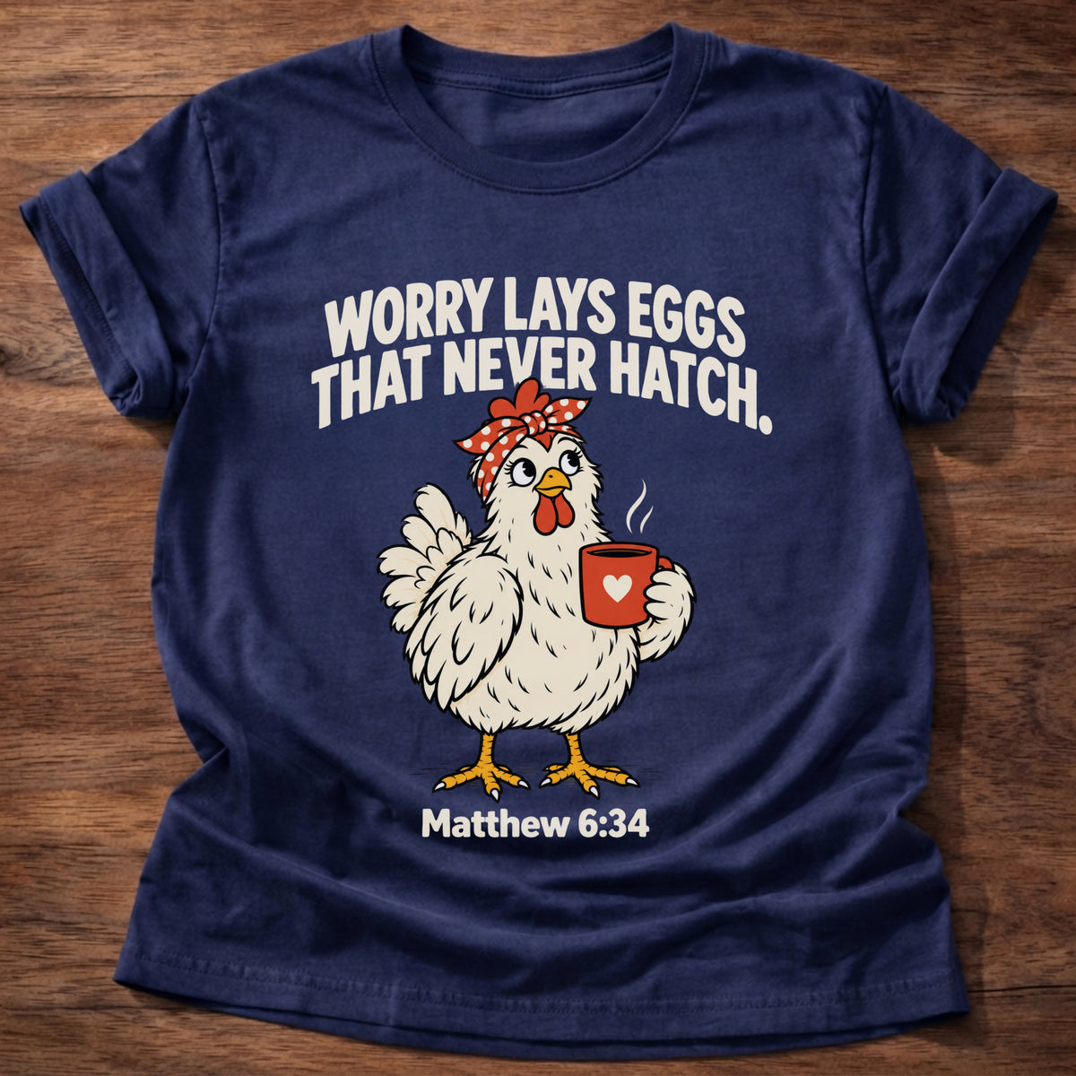 Navy t-shirt printed with a chicken holding a tea cup graphic and 'Worry lays eggs that never hatch. I bring it to God.' Matthew 6:34 faith based gift