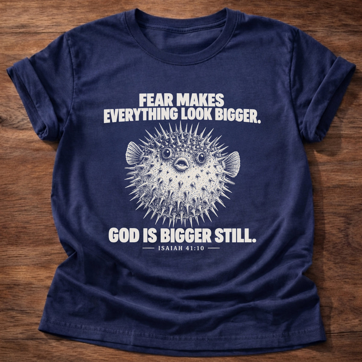 Navy t-shirt printed with a pufferfish inflated to look bigger graphic and 'Fear makes everything look bigger. God is bigger still.' Isaiah 41:10 faith based gift