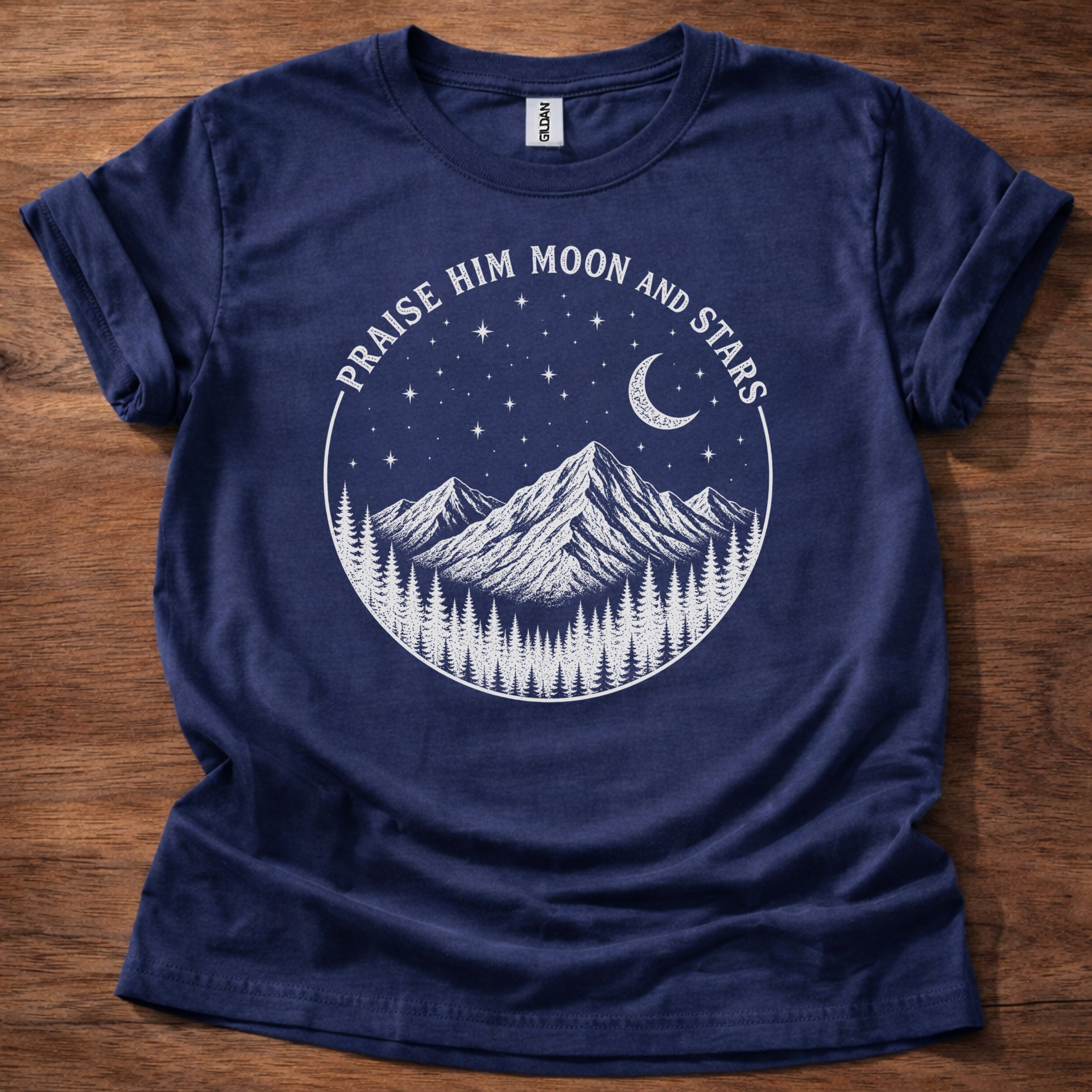 navy Christian t-shirt with mountain moon and stars design reading Praise Him Moon and Stars Psalm 148:3