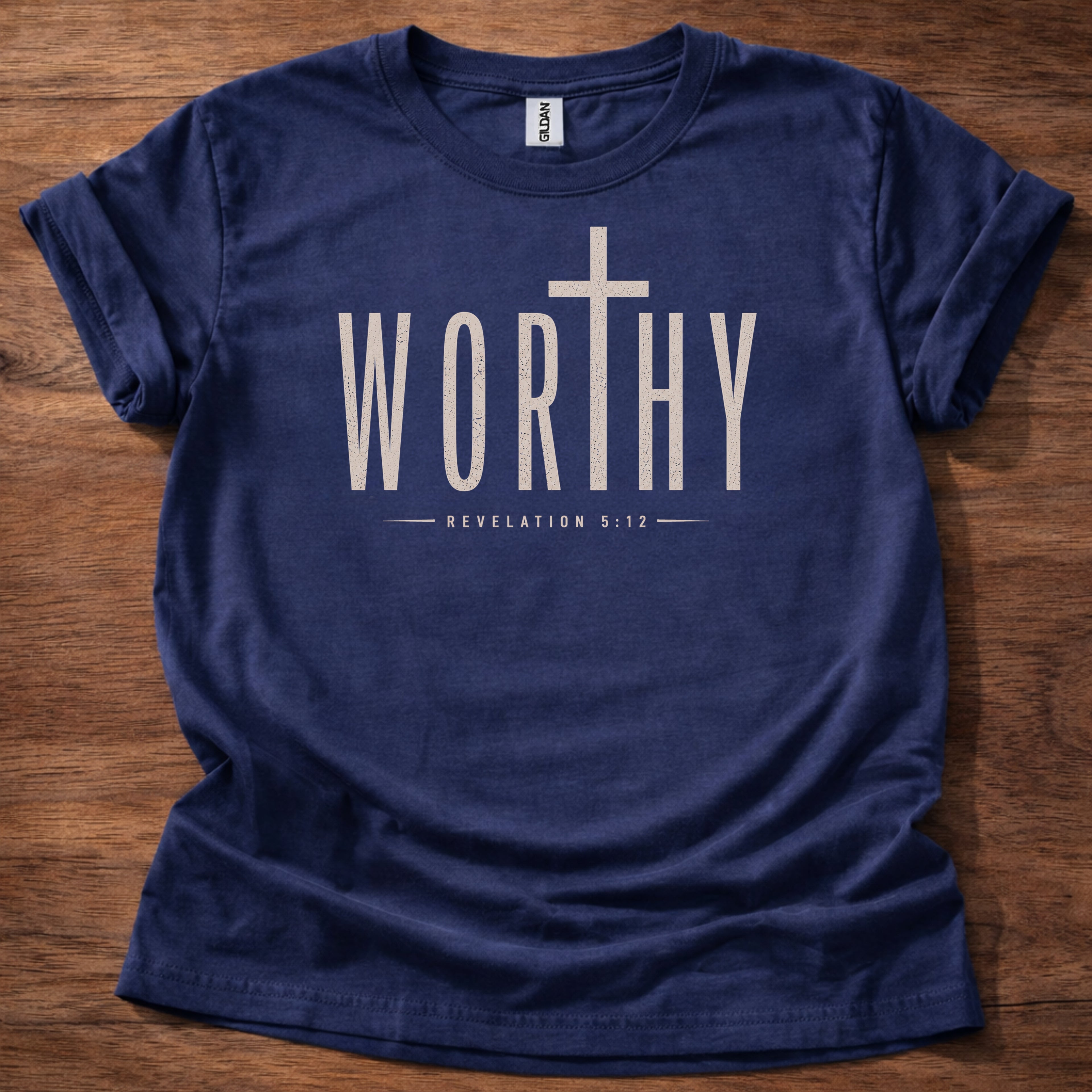 navy Worthy Christian t-shirt with cross design inspired by Revelation 5:12 worship message