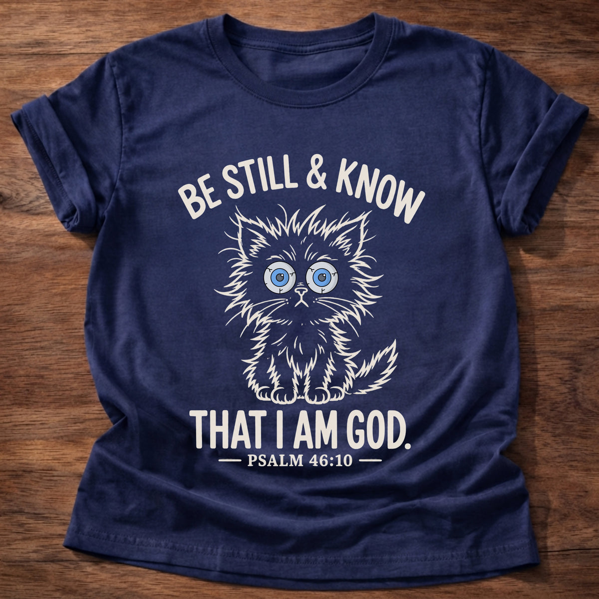 Navy t-shirt printed with a wide-eyed kitten sitting still graphic and 'Be still & know. That I am God.' Psalm 46:10 faith based gift