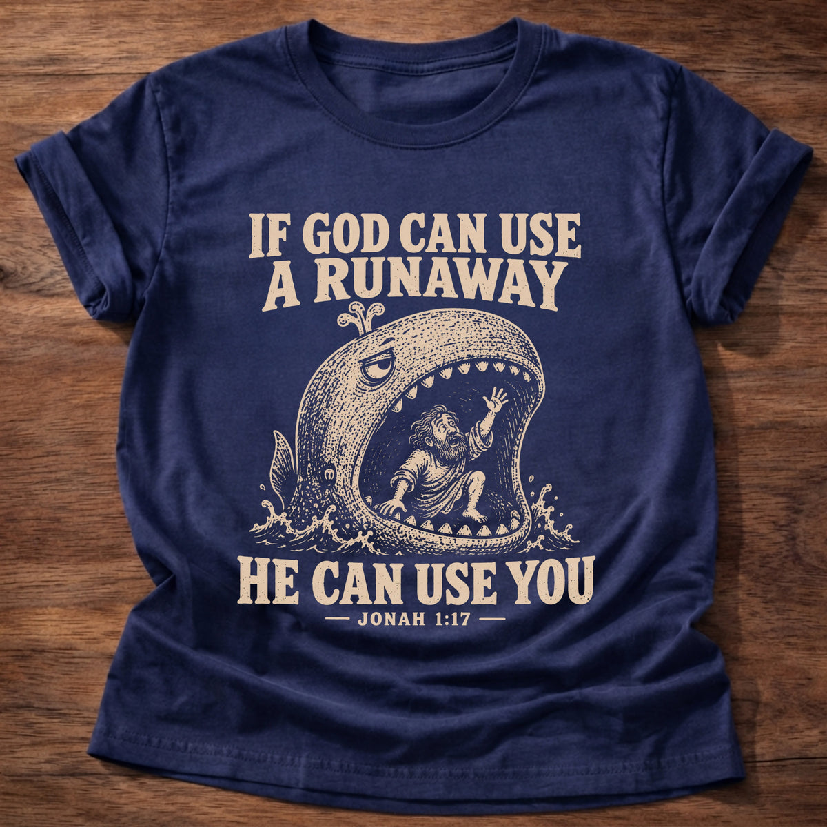 Navy t-shirt printed with a whale swallowing a runaway figure and 'If God can use a runaway, He can use you.' Jonah 1:17 faith based gift
