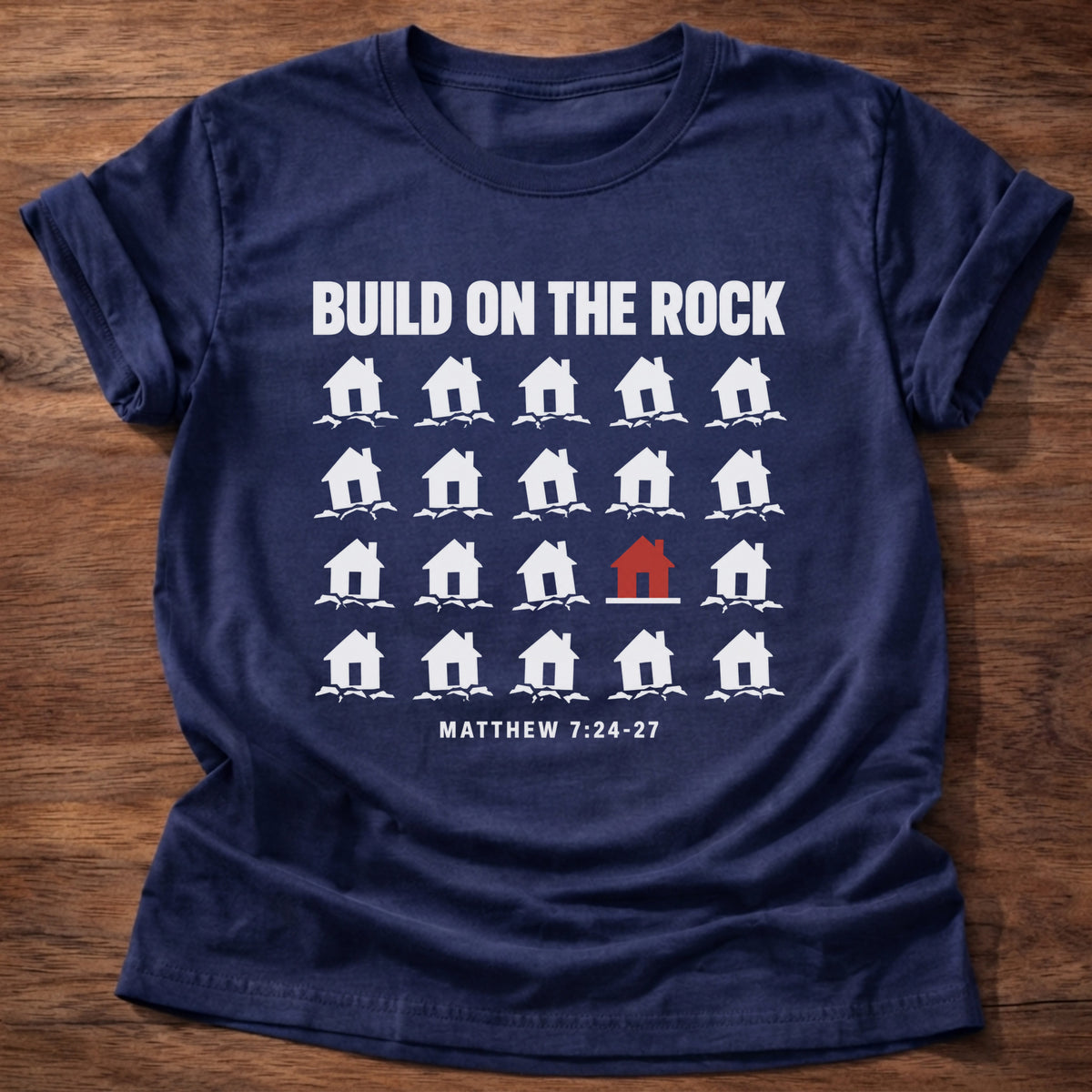 Navy t-shirt printed with a row of houses graphic and 'Build on the rock.' Matthew 7:24-27 faith based gift