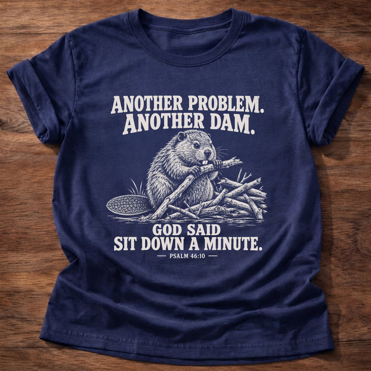 Navy t-shirt printed with a beaver mid-build with another branch graphic and 'Another problem. Another dam. God said sit down a minute.' Psalm 46:10 faith based gift