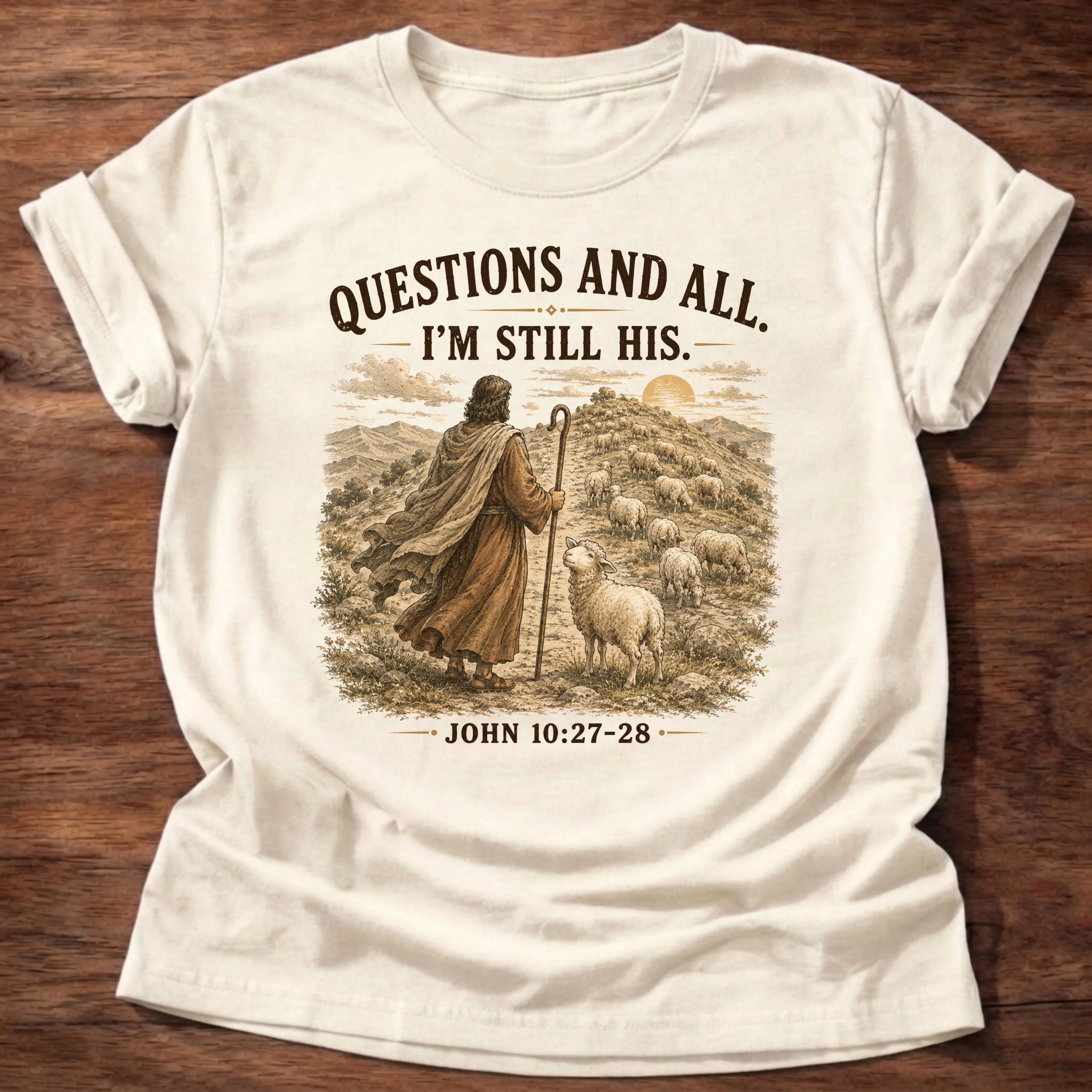 Natural colored t-shirt with a shepherd and sheep illustration reading 'Questions and all, I'm still His' John 10:27-28 shirt