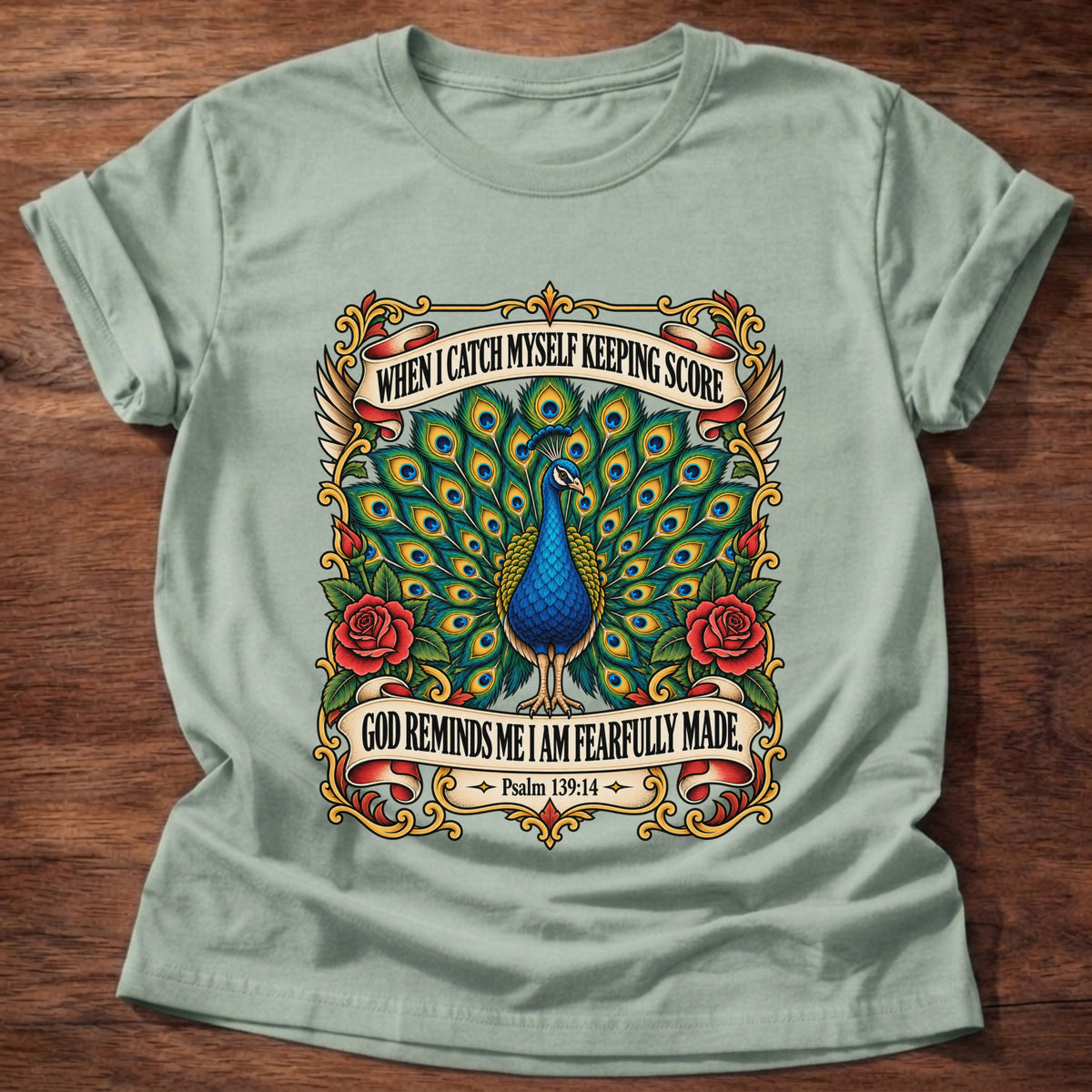 Sage t-shirt printed with a peacock with its tail fanned in a vintage tattoo-flash frame with red roses and banners graphic and “When I catch myself keeping score, God reminds me I am fearfully made.” Psalm 139:14 faith based gift