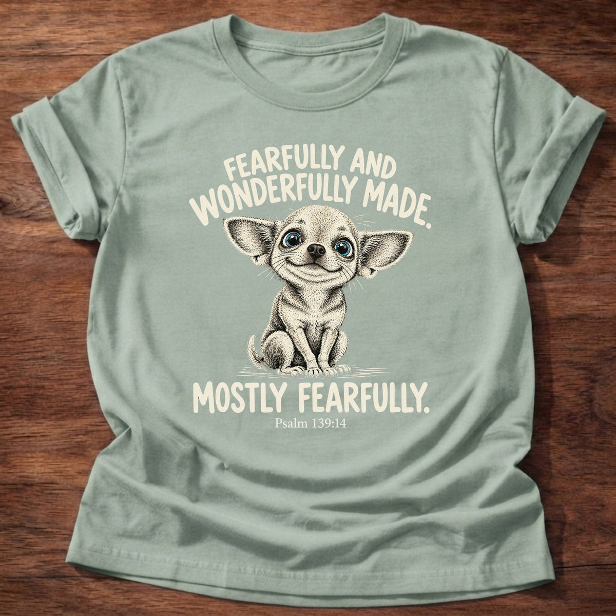 Sage t-shirt printed with a wide-eyed nervous chihuahua graphic and “Fearfully and wonderfully made. Mostly fearfully.” Psalm 139:14 Christian shirt