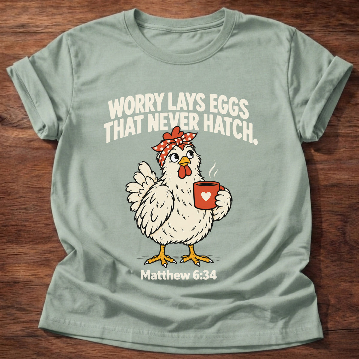 Sage t-shirt printed with a chicken holding a tea cup graphic and 'Worry lays eggs that never hatch. I bring it to God.' Matthew 6:34 faith based gift