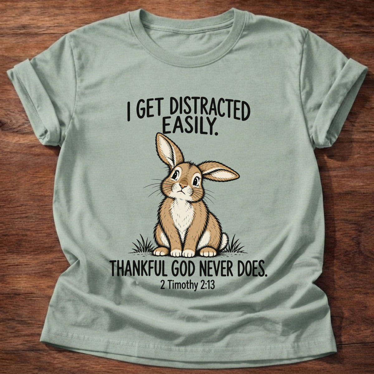 Sage t-shirt printed with a rabbit graphic and 'I get distracted easily. Thankful God never does.' 2 Timothy 2:13 faith based gift