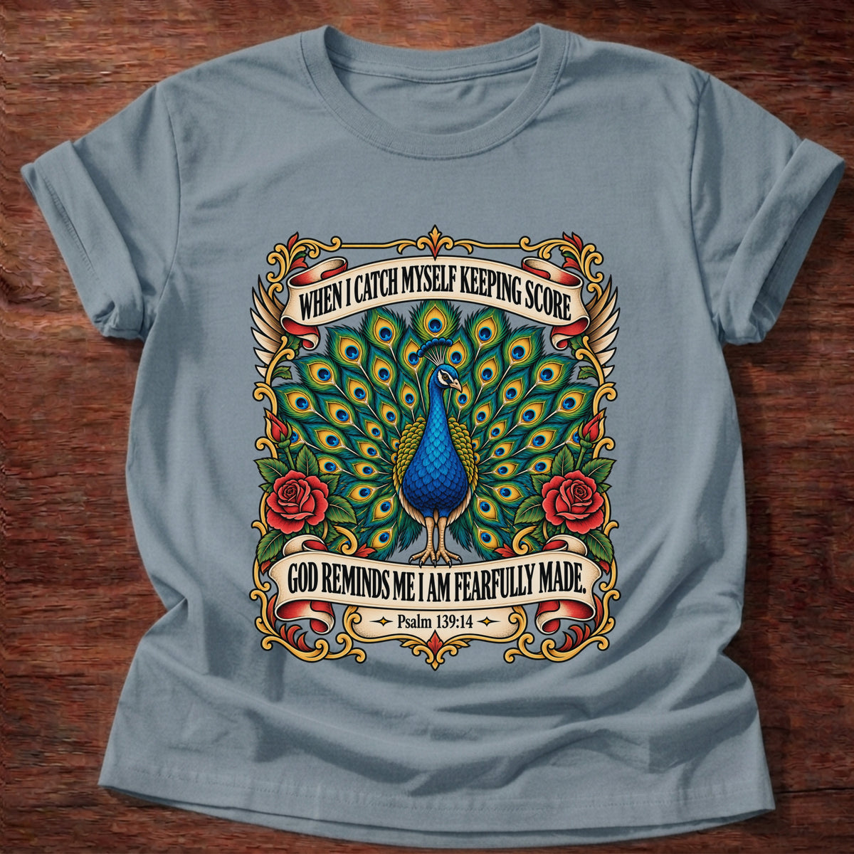 Stone Blue t-shirt printed with a peacock with its tail fanned in a vintage tattoo-flash frame with red roses and banners graphic and “When I catch myself keeping score, God reminds me I am fearfully made.” Psalm 139:14 faith based gift