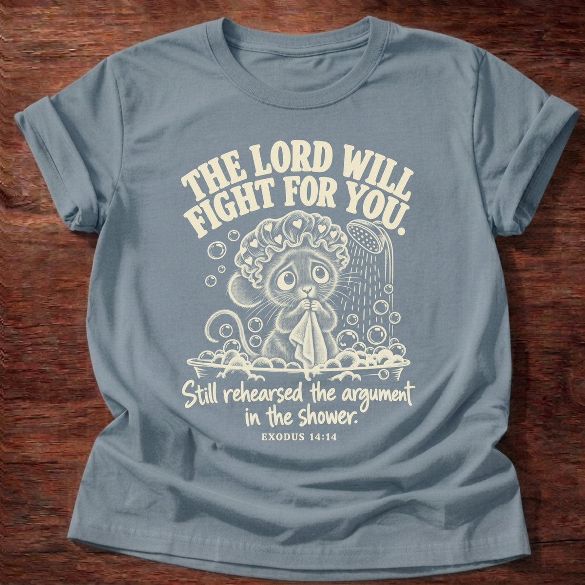 Shower Rehearsal T-Shirt in Stone Blue featuring a worried mouse in a shower cap in a bubble bath and Exodus 14:14 overthinking humor design