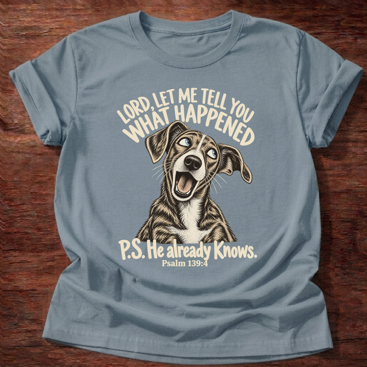Stone Blue t-shirt printed with a wide-eyed storytelling dog graphic and “Lord, let me tell you what happened. P.S. He already knows.” Psalm 139:4 Christian shirt