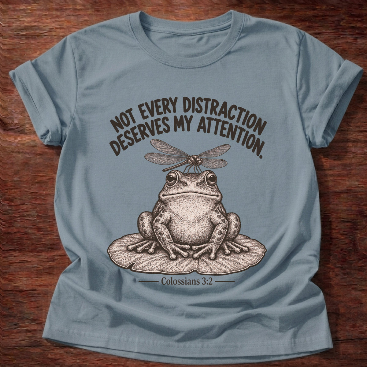 Stone Blue t-shirt printed with a frog sitting on a lily pad with a dragonfly perched on its head graphic and “Not every distraction deserves my attention.” Colossians 3:2 faith based gift
