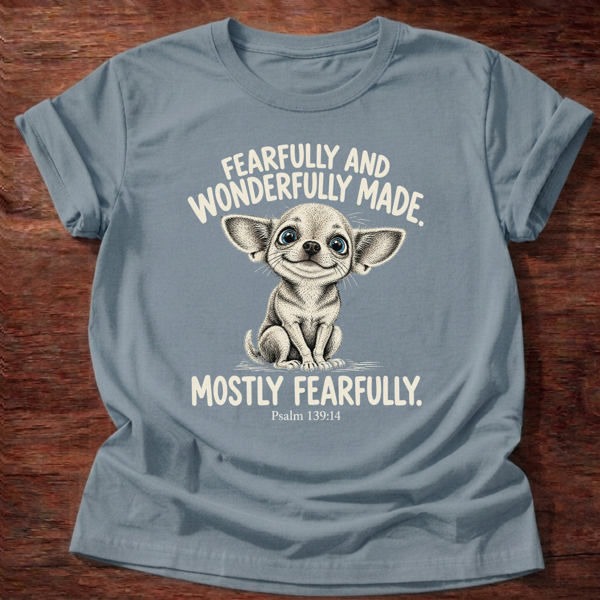 Stone Blue t-shirt printed with a wide-eyed nervous chihuahua graphic and “Fearfully and wonderfully made. Mostly fearfully.” Psalm 139:14 Christian shirt