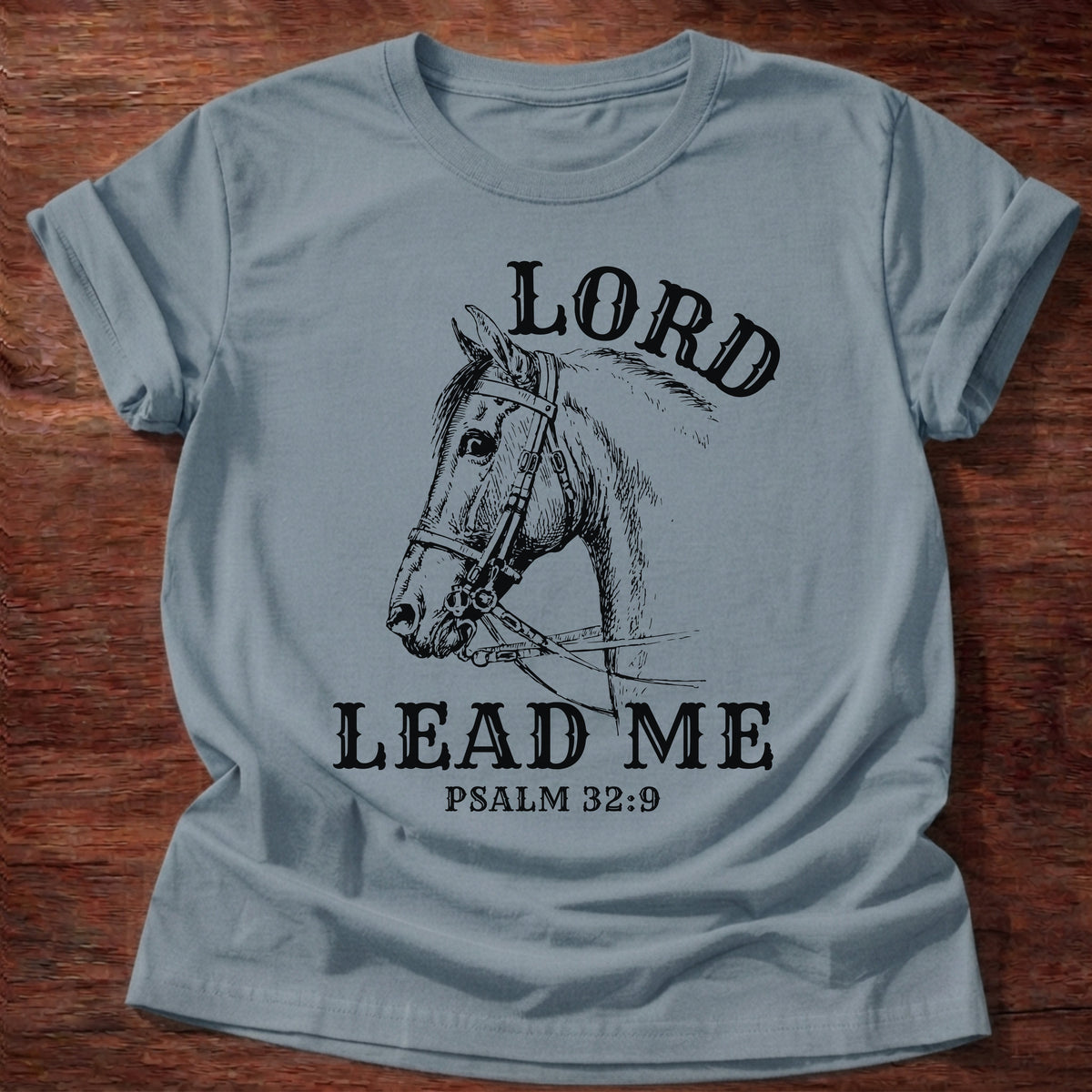 Stone Blue t-shirt printed with a hand-sketched horse wearing a bridle and “Lord, Lead Me” Psalm 32:9 Christian shirt