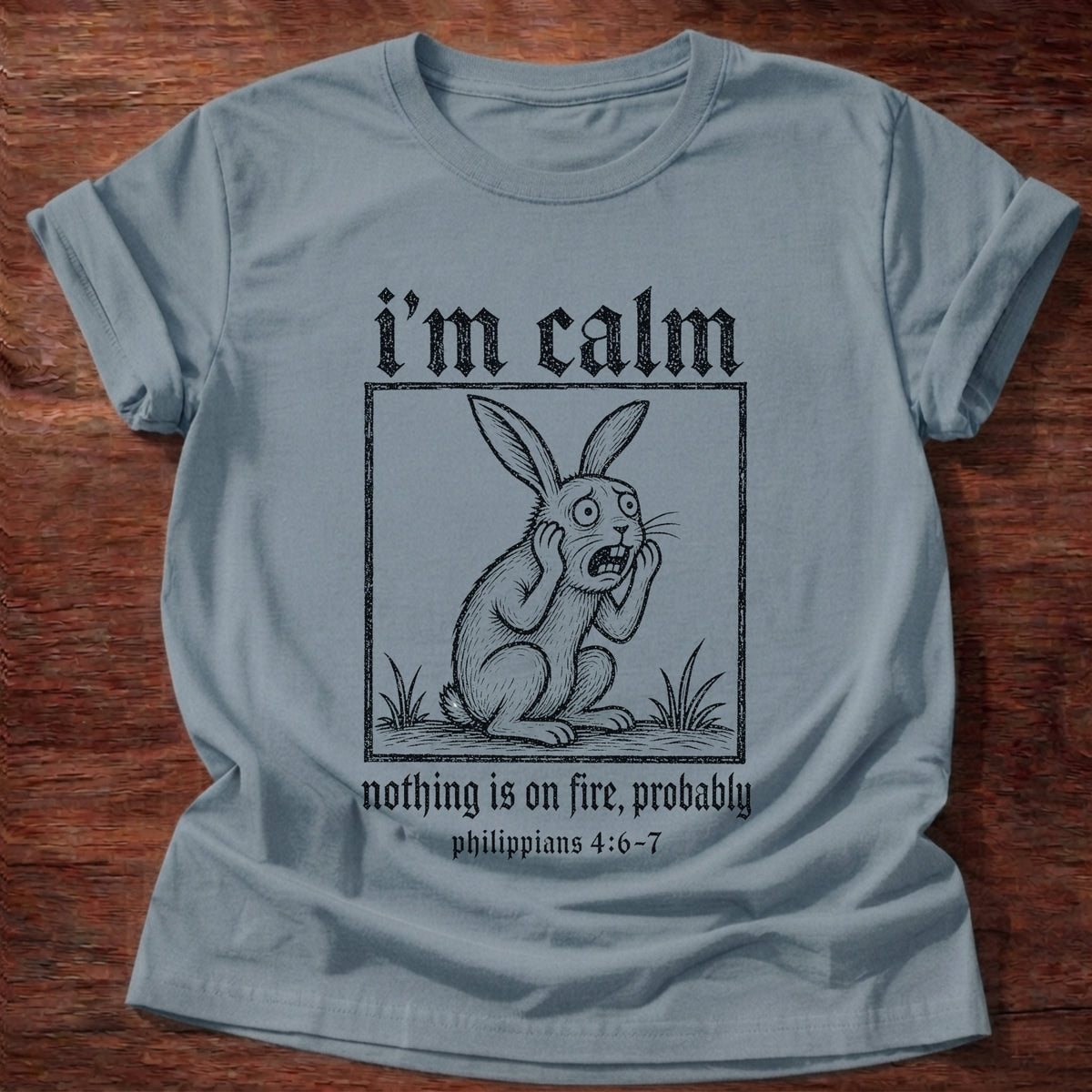 Stone Blue Rabbit I'm Calm Philippians 4:6-7 Anxiety T-Shirt